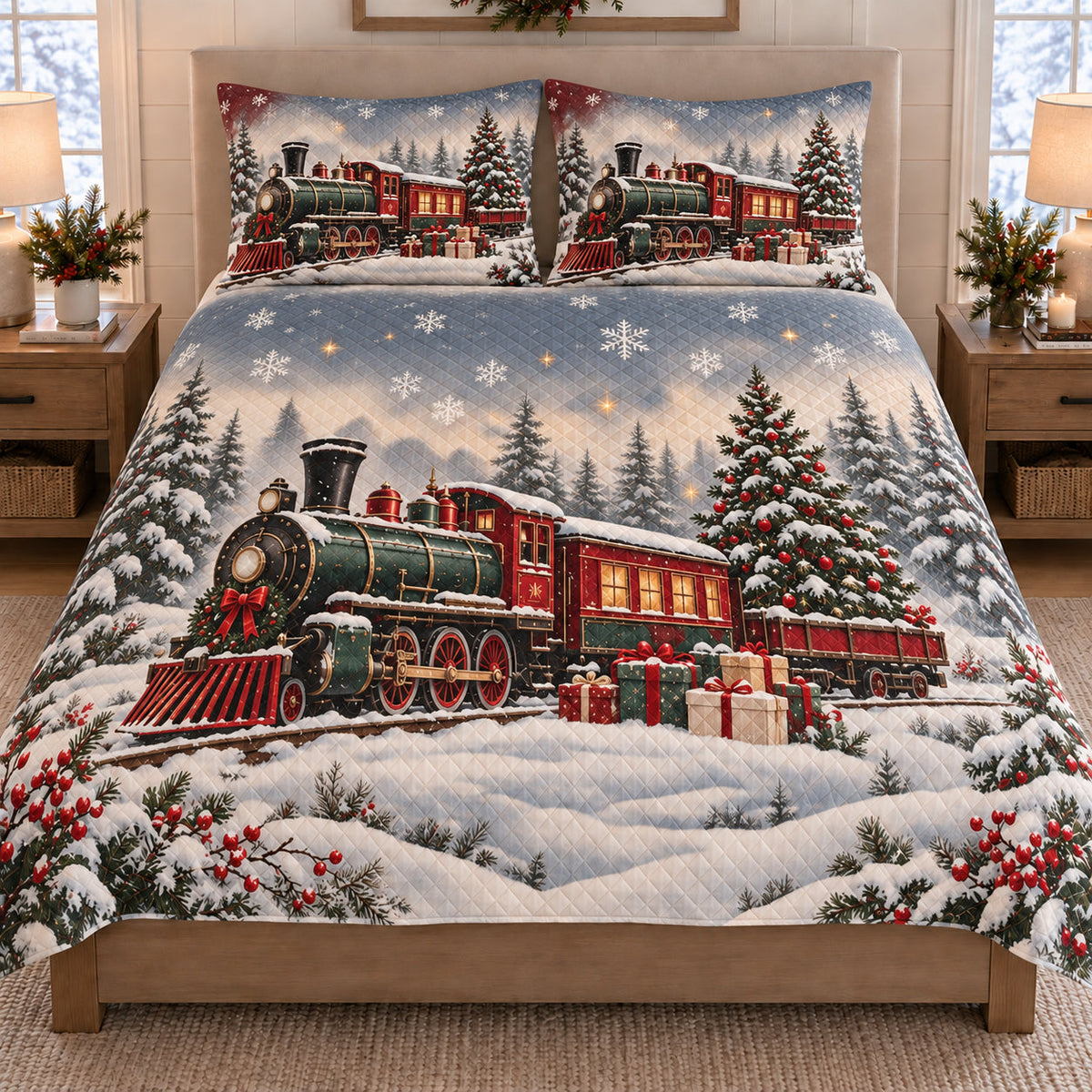 Christmas Train Snowy Forest quilt set displayed on a bed with coordinating pillow shams