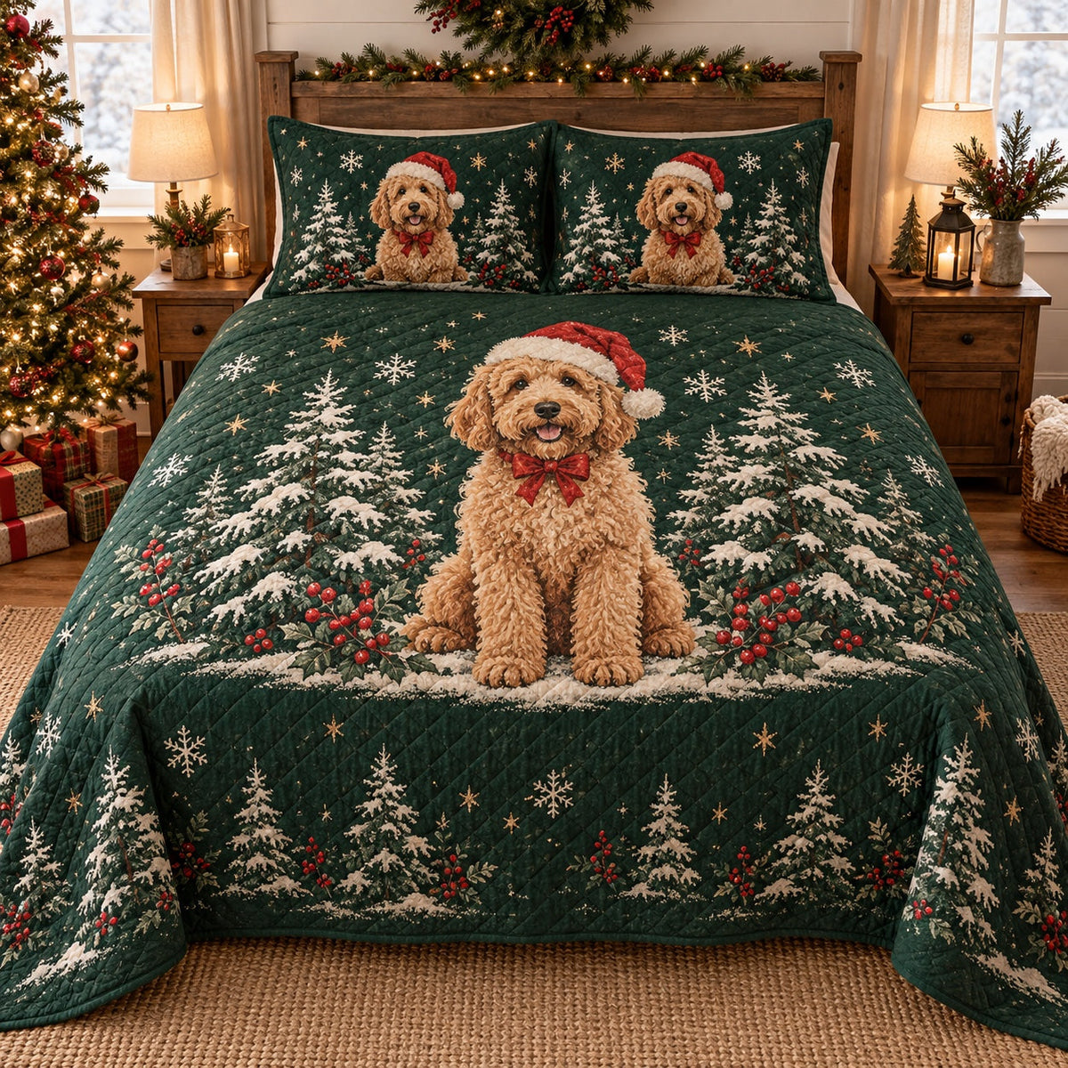 Christmas Tree Farm Doodle Goldendoodle Quilt Set, front Goldendoodle bedroom view