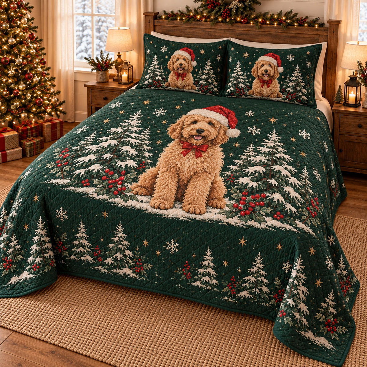 Christmas Tree Farm Doodle Goldendoodle Quilt Set, angled Goldendoodle bedroom view
