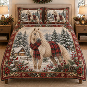 Christmas White Horse Winter quilt design with coordinating pillow shams