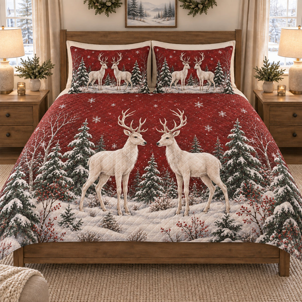 Christmas White Reindeer Forest quilt set displayed on a bed with coordinating pillow shams