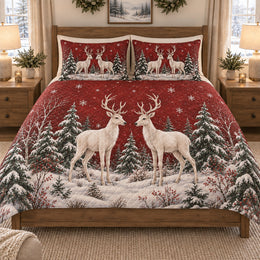 Christmas White Reindeer Forest Quilt Set