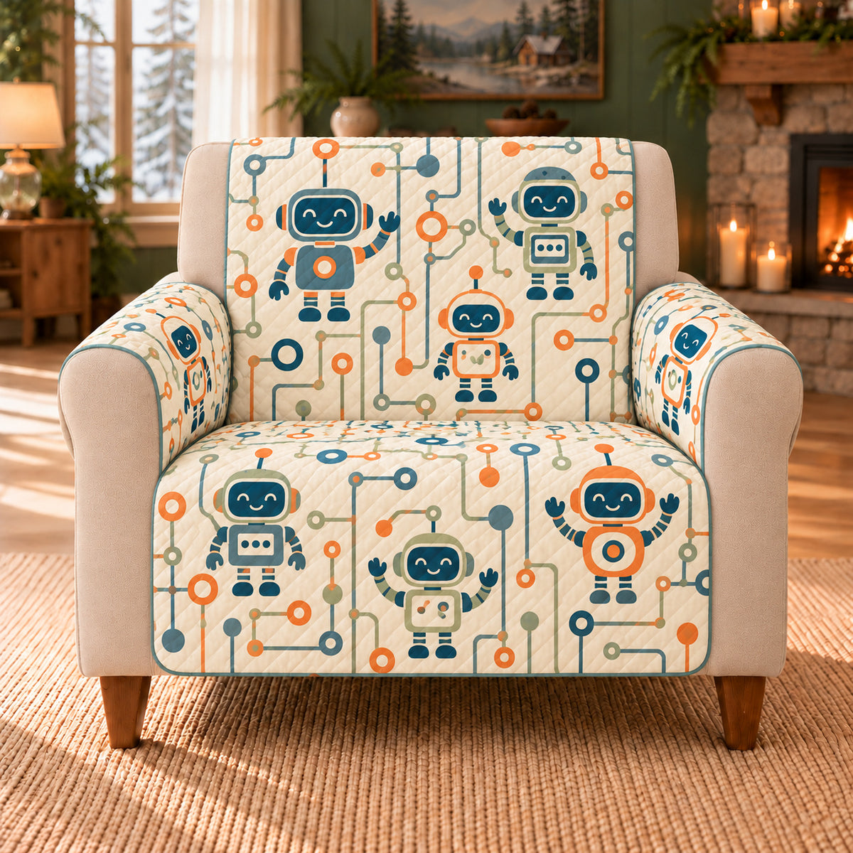 Circuit Path Lattice sofa cover on a beige armchair