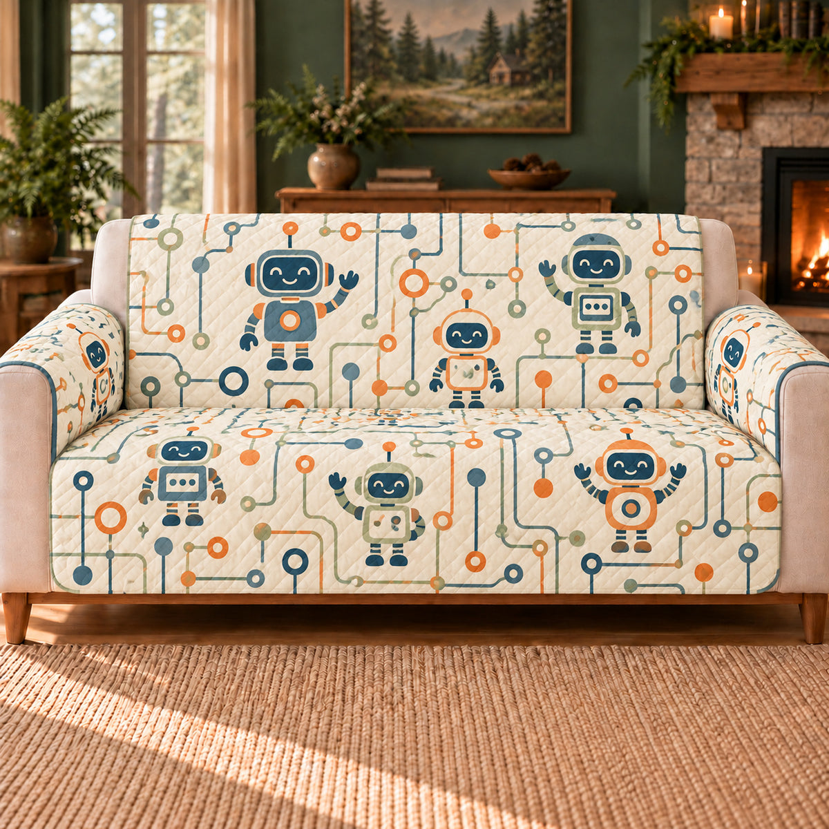 Circuit Path Lattice sofa cover on a beige sofa