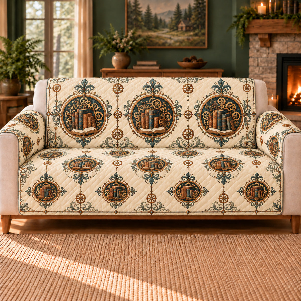 Clockwork Book Rosettes sofa cover on a beige sofa