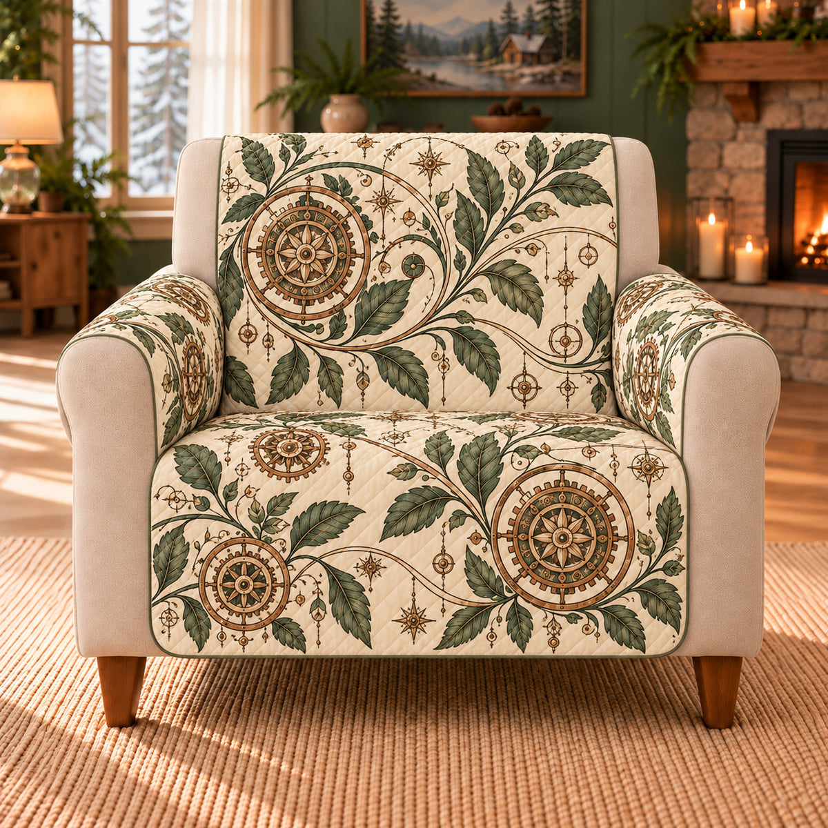 Clockwork Leaf Meander sofa cover on a beige armchair