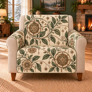 Clockwork Leaf Meander sofa cover on a beige armchair