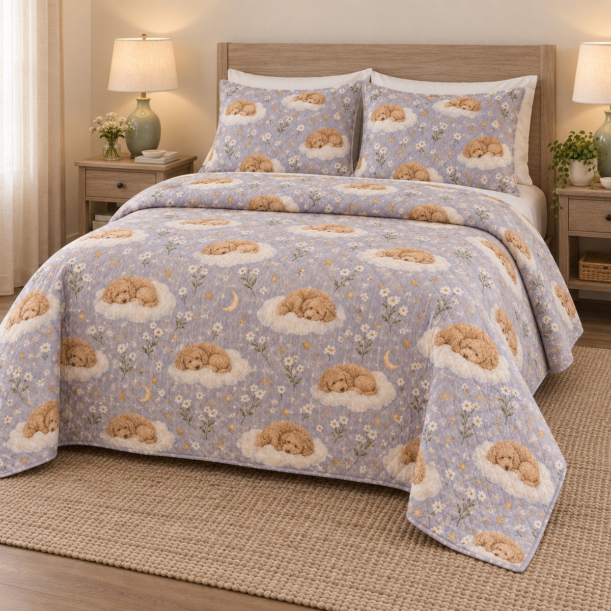 Cloud Lullaby Doodle Goldendoodle Starry Garden Quilt Set, angled goldendoodle starry garden bedroom view
