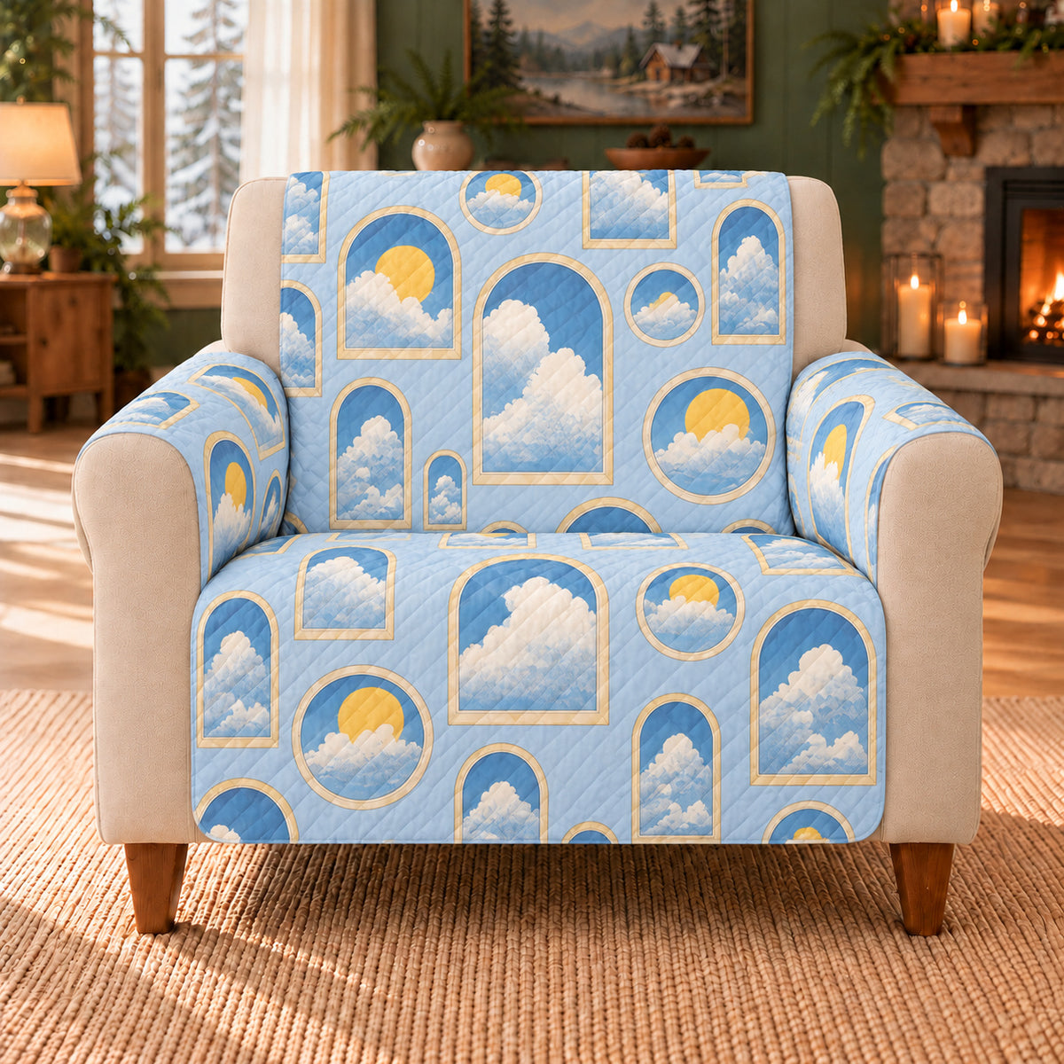 Cloud Window Repeat sofa cover on a beige armchair