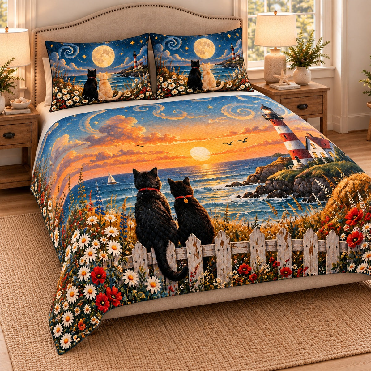 AI mockup, angled view of the coastal cat quilt set, sunset lighthouse print and matching moonlit pillows.