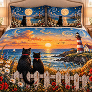 AI mockup, closer front view of the cats, ocean sunset, wildflowers and diamond quilting.