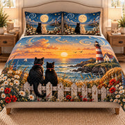AI mockup, front hero view of two black cats at an ocean sunset with a lighthouse and moonlit cat pillow covers.