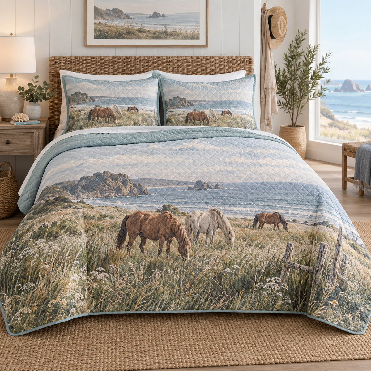 Coastal Meadow Horse Open Landscape Quilt Set, front horse open landscape bedroom view