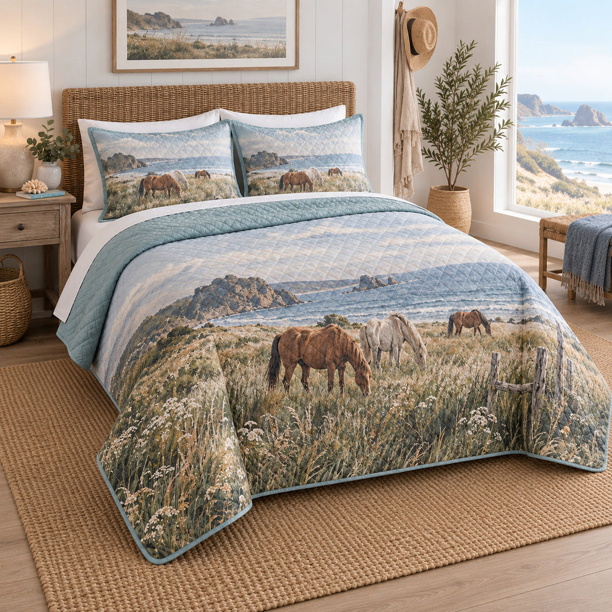Coastal Meadow Horse Open Landscape Quilt Set, angled horse open landscape bedroom view