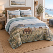 Coastal Meadow Horse Open Landscape Quilt Set, angled horse open landscape bedroom view