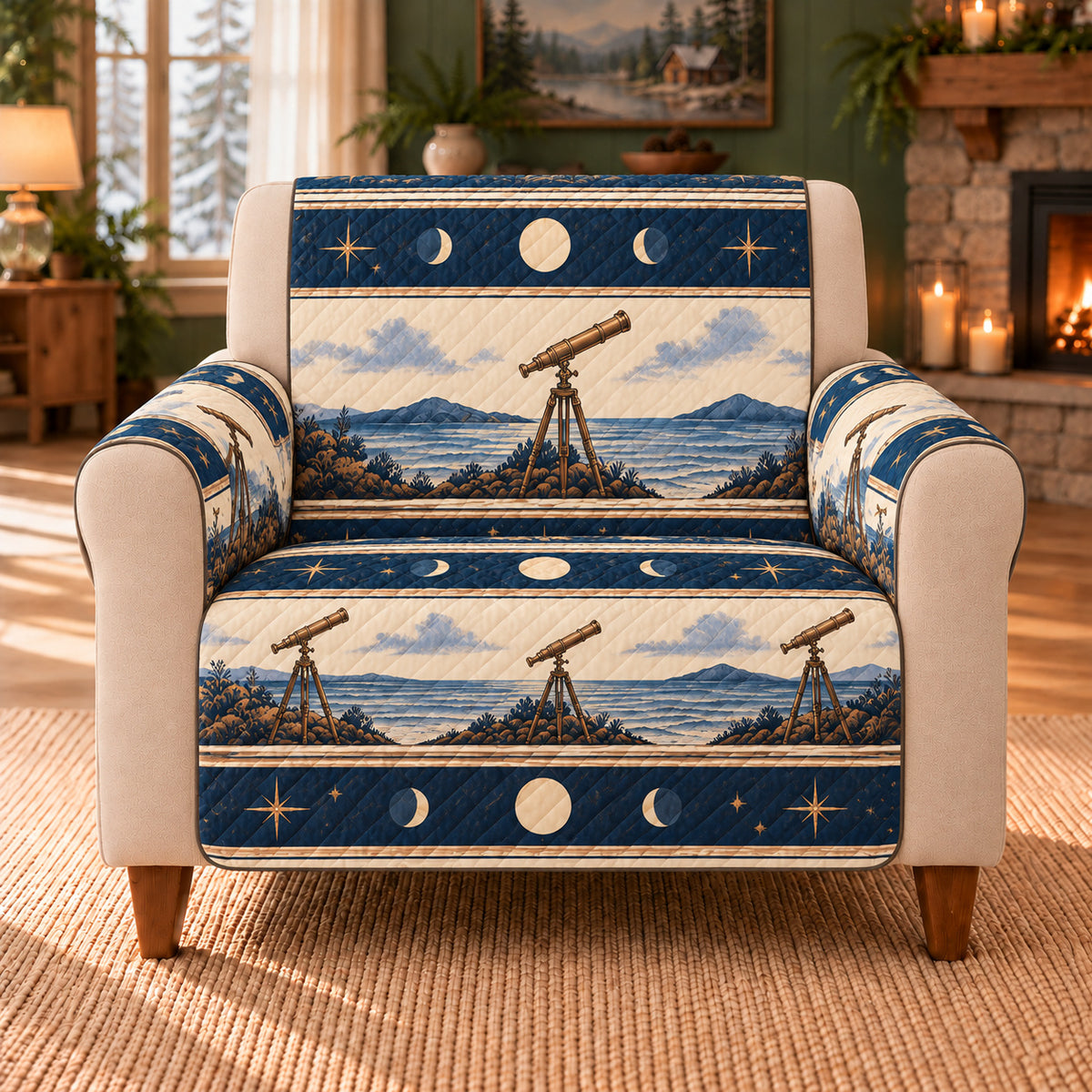 Coastal Telescope Bands sofa cover on a beige armchair