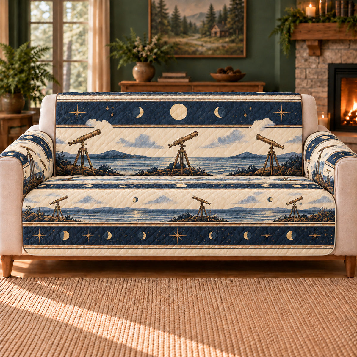 Coastal Telescope Bands sofa cover on a beige sofa