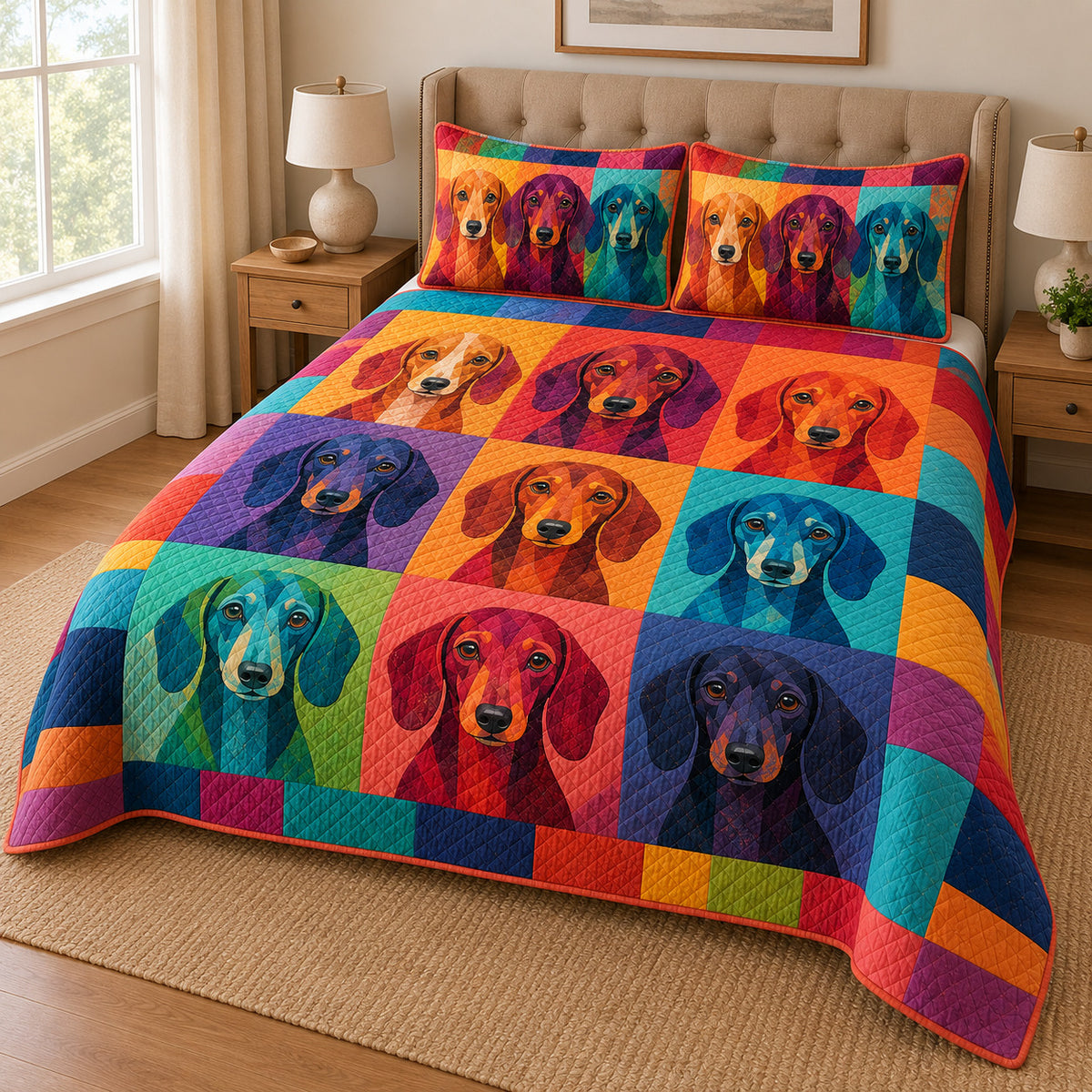 Colorful Dachshund patchwork quilt set from an angled bedroom view, with nine pop-art dog portraits and matching shams