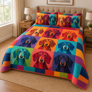 Colorful Dachshund patchwork quilt set from an angled bedroom view, with nine pop-art dog portraits and matching shams