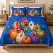Colorful Funny Chicken Farmhouse quilt design with coordinating pillow shams