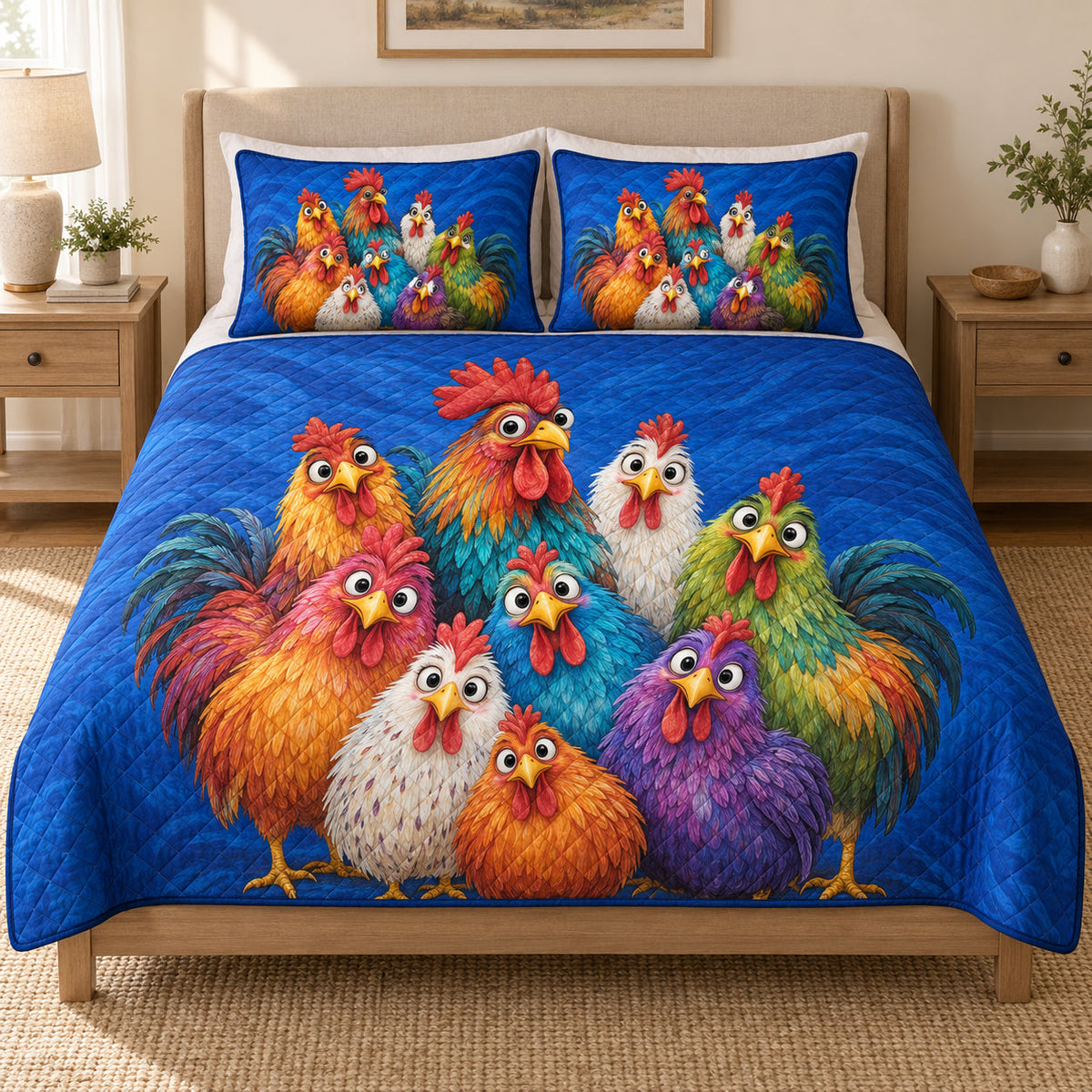 Colorful Funny Chicken Farmhouse quilt design with coordinating pillow shams
