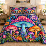 Colorful whimsical mushroom garden quilt set, view 1, AI-generated product mockup