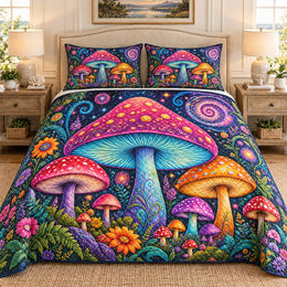 Colorful Mushroom Garden Quilt Set, Gift for Mushroom Lovers