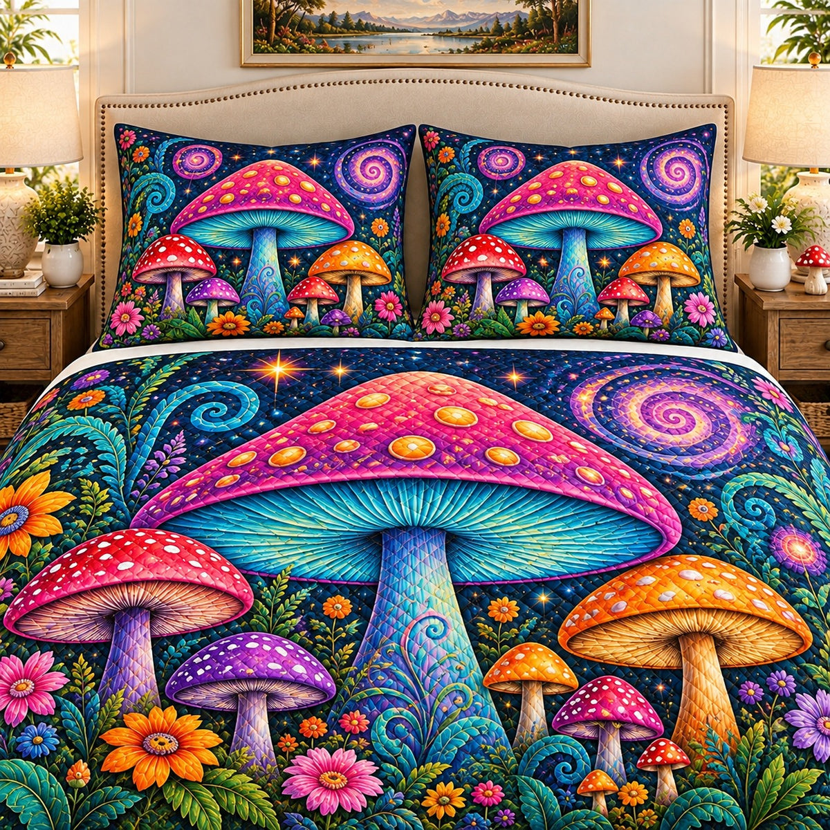 Colorful whimsical mushroom garden quilt set, view 2, AI-generated product mockup