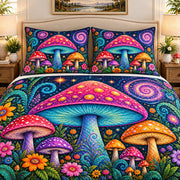 Colorful whimsical mushroom garden quilt set, view 2, AI-generated product mockup