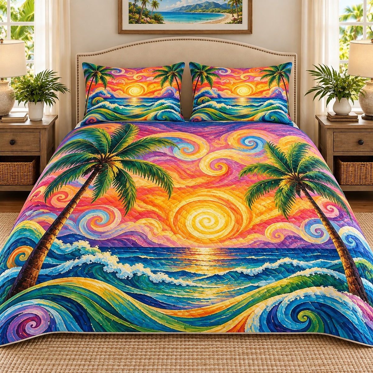 Colorful tropical sunset ocean quilt set, view 1, AI-generated product mockup