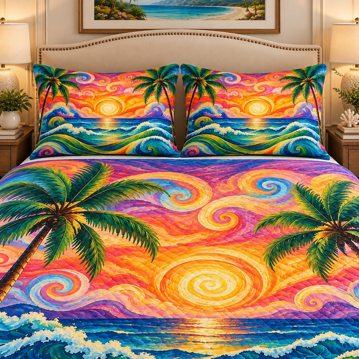 Colorful tropical sunset ocean quilt set, view 2, AI-generated product mockup