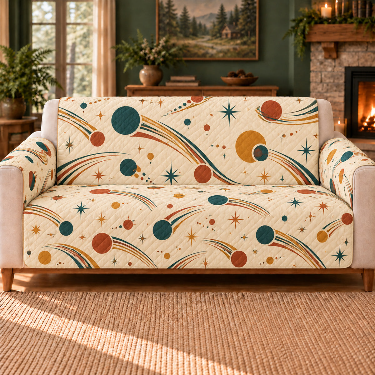 Comet Tail Ribbons sofa cover on a beige sofa