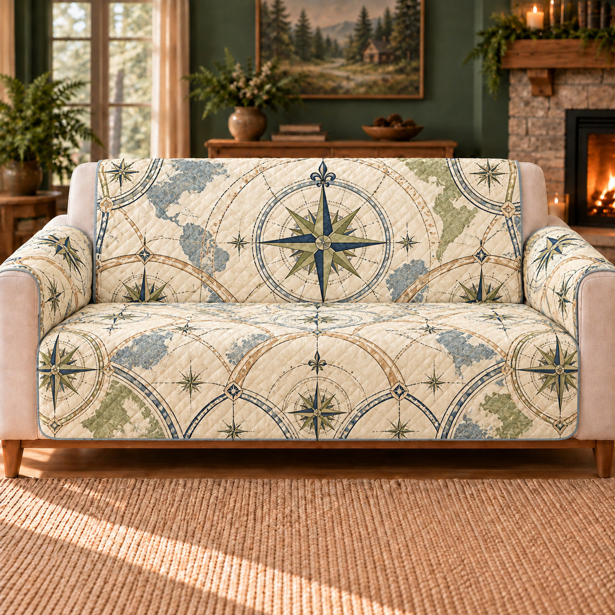 Compass Arc Lattice sofa cover on a beige sofa