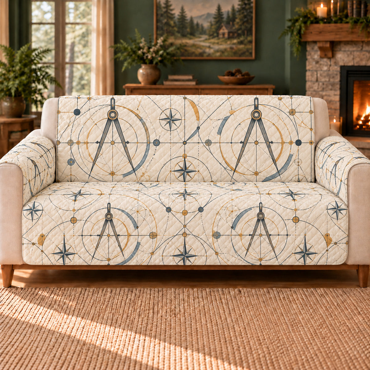 Compass Curve Lattice sofa cover on a beige sofa
