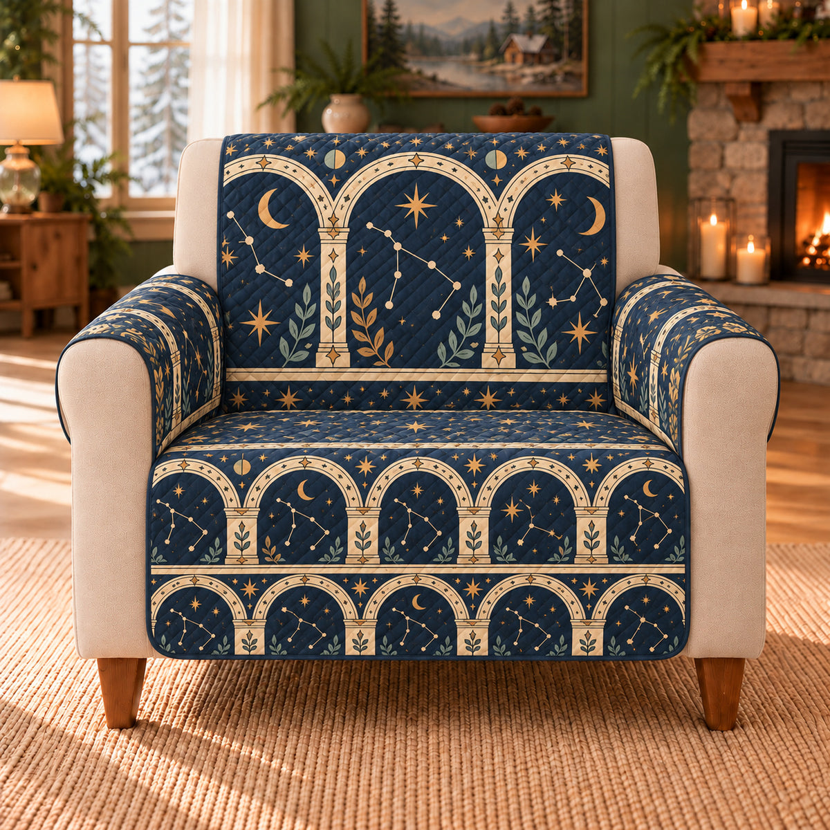 Constellation Arch Frieze sofa cover on a beige armchair