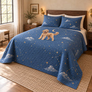 Constellation Doodle Goldendoodle Starry Garden Quilt Set, angled goldendoodle starry garden bedroom view