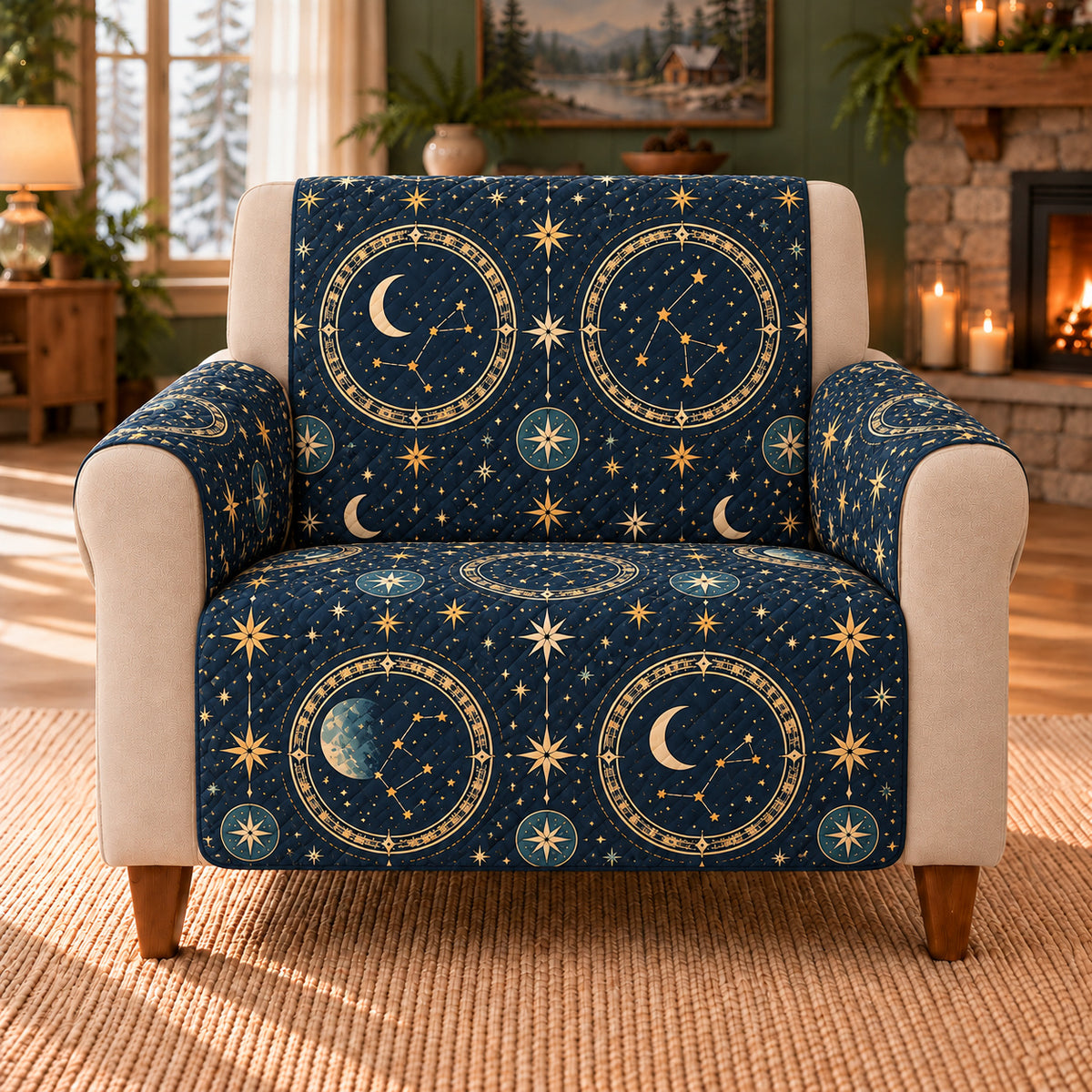 Constellation Window Repeat sofa cover on a beige armchair