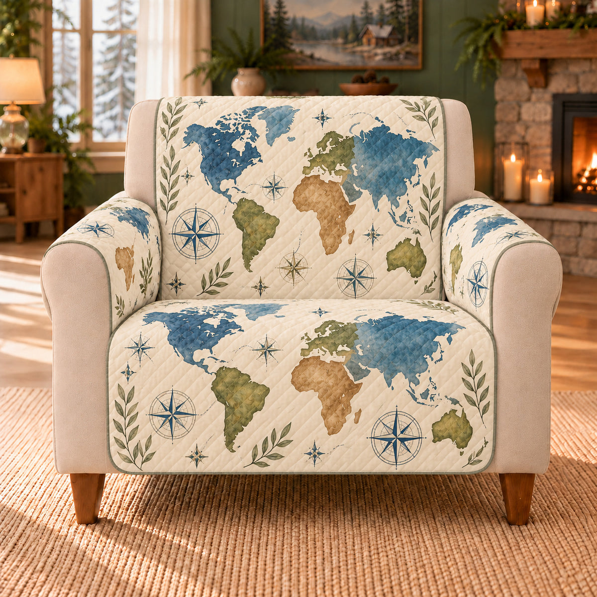 Continent Silhouette Scatter sofa cover on a beige armchair
