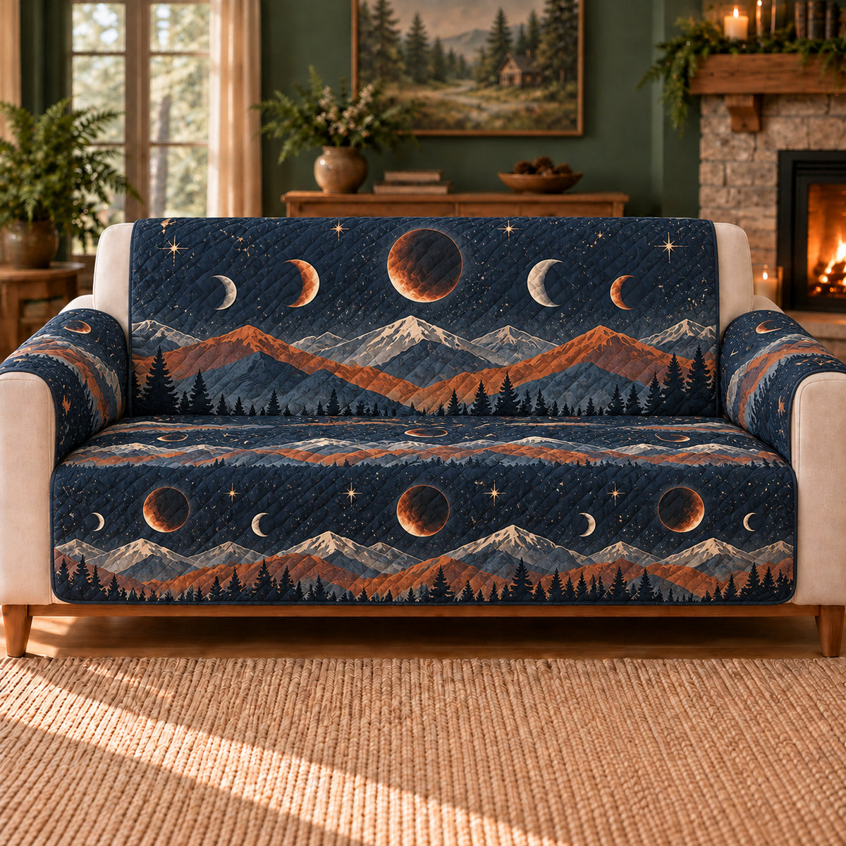 Copper Moon Ridge sofa cover on a beige sofa
