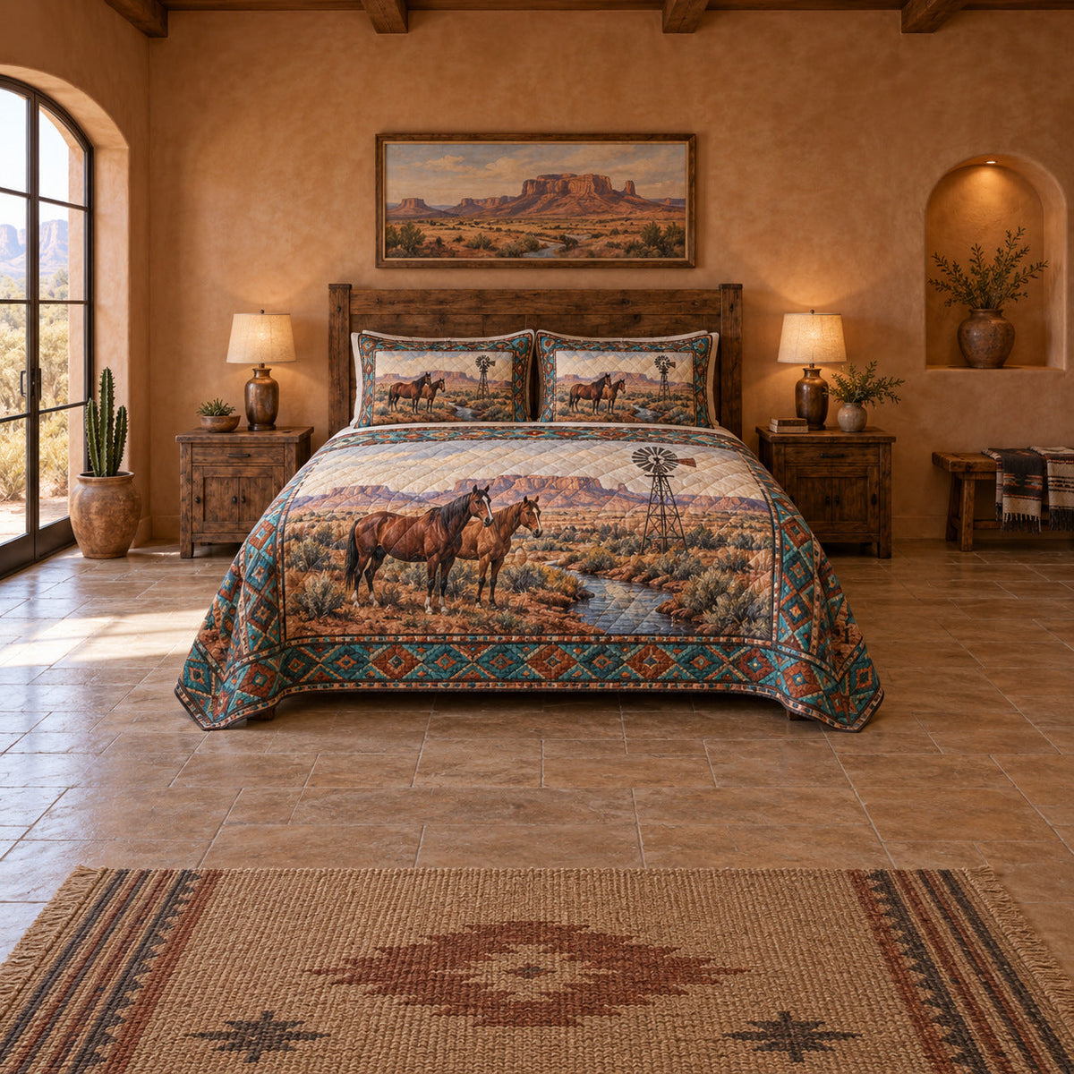 Copper Ranch Horses Horse Western Ranch Quilt Set, front horse western ranch bedroom view
