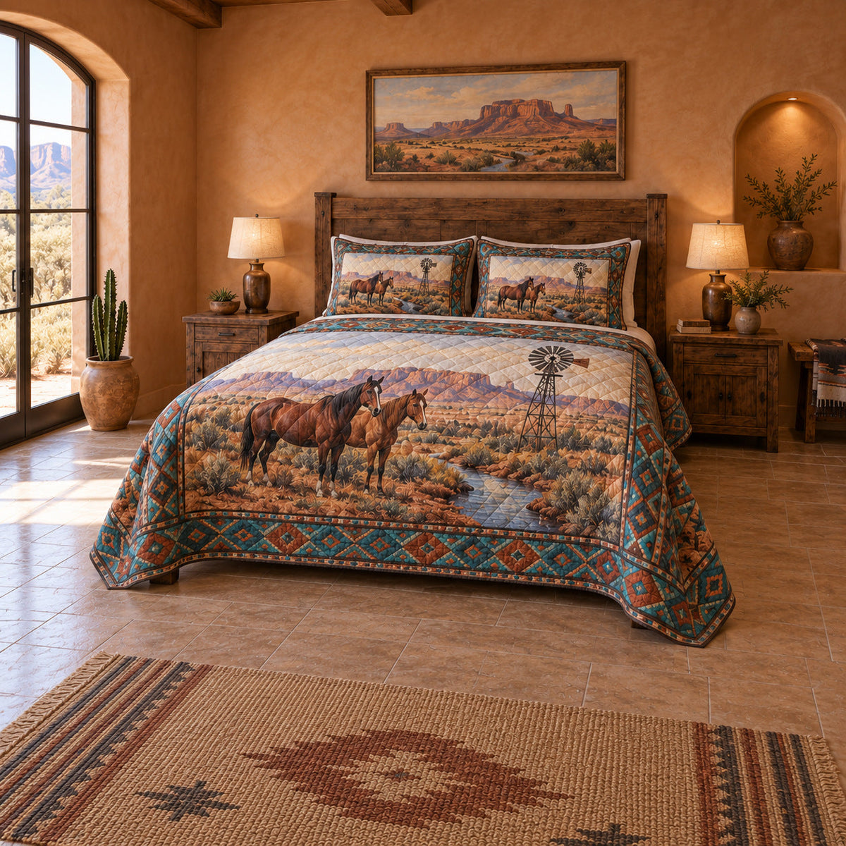 Copper Ranch Horses Horse Western Ranch Quilt Set, angled horse western ranch bedroom view