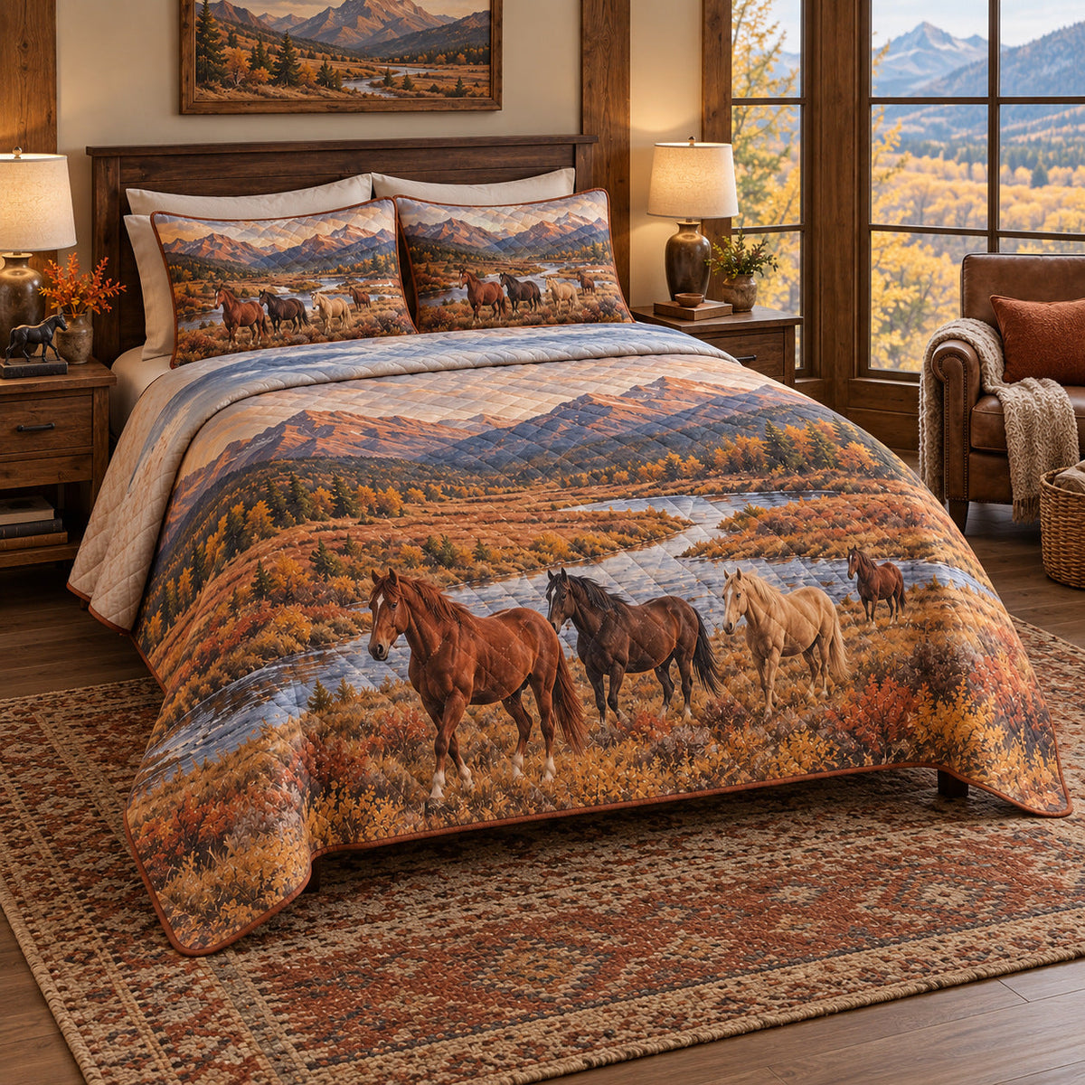Copper Valley Horse Open Landscape Quilt Set, angled horse open landscape bedroom view