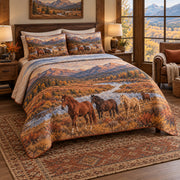 Copper Valley Horse Open Landscape Quilt Set, angled horse open landscape bedroom view