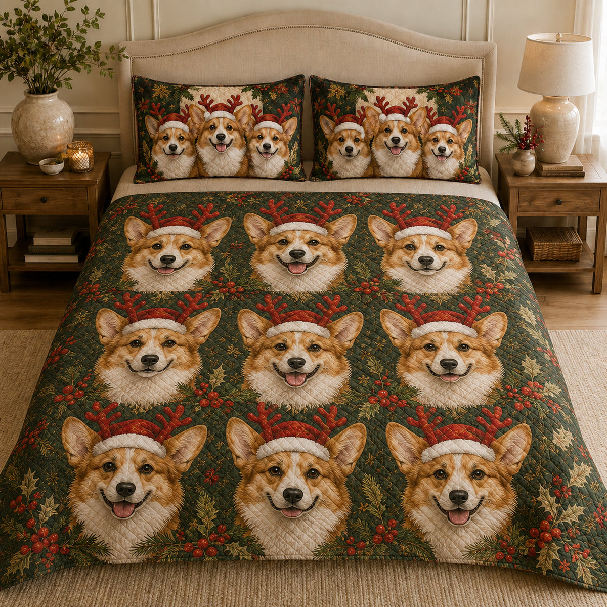 Corgi Christmas quilt design featuring reindeer holiday dogs with coordinating pillow shams