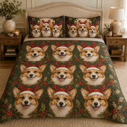 Corgi Christmas Quilt Set, Reindeer Holiday Dogs