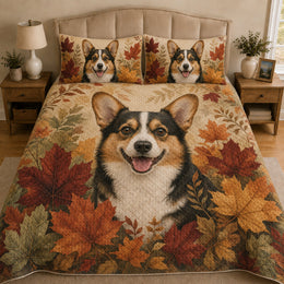 Corgi Fall Quilt Set, Autumn Maple Leaves