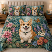 Corgi Butterfly Floral Garden quilt design with coordinating pillow shams