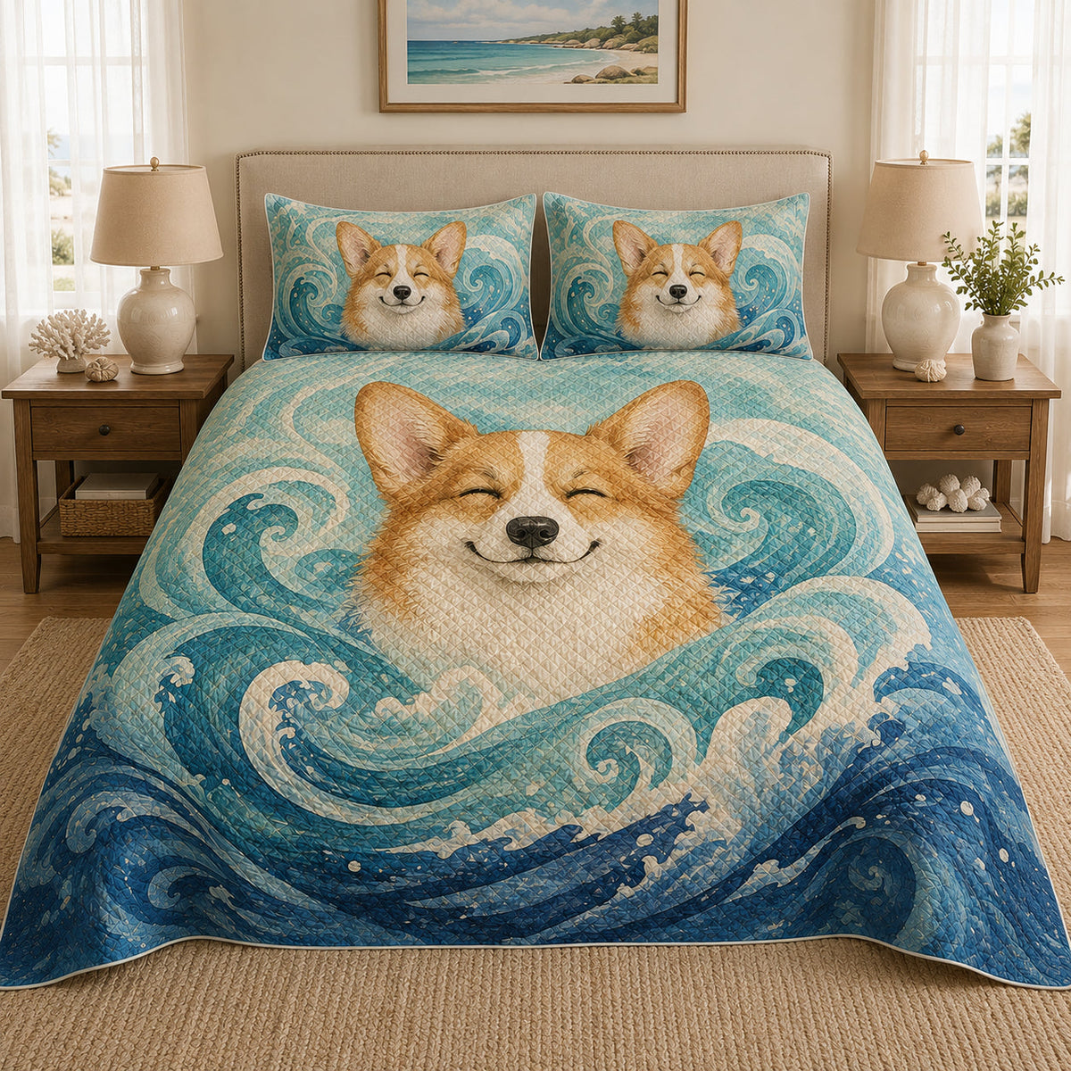 Corgi Ocean Wave Quilt Set