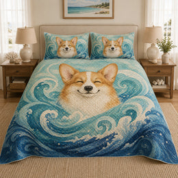 Corgi Ocean Wave Quilt Set, Coastal Dog