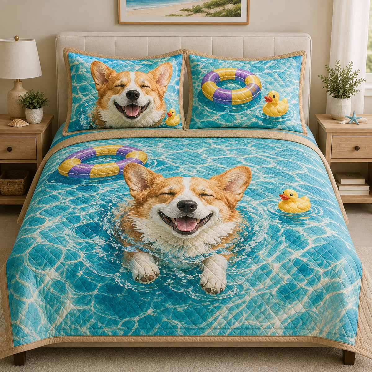 Corgi Summer Pool quilt design with coordinating pillow shams